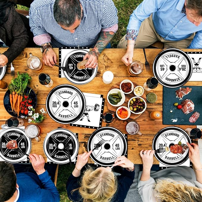 50 Guests Gym Birthday Party Supplies Decoration Bodybuilder Plates and Napkins Forks Weightlifting Tableware Barbell Birthday Party Paper Plates for Gym Lovers and Weight Lifters 200PCS