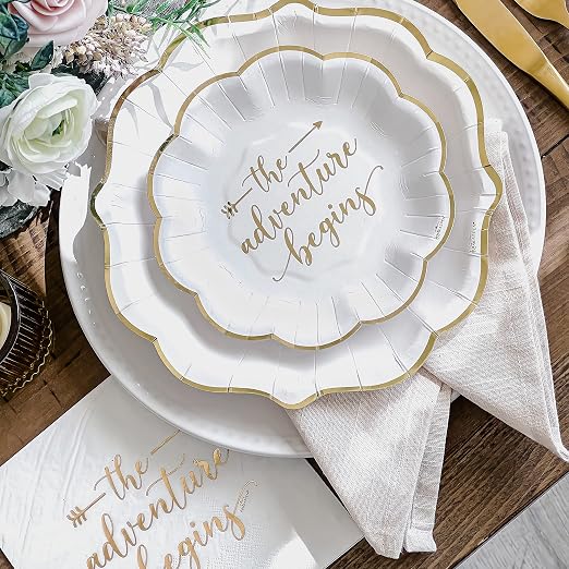 Kate Aspen The Adventure Begins Wedding Paper Plates and Napkins Set - 72 Piece Wedding Plates Disposable Party Tableware for 24 Guests - Bridal Shower Decorations, Engagement Party Decor