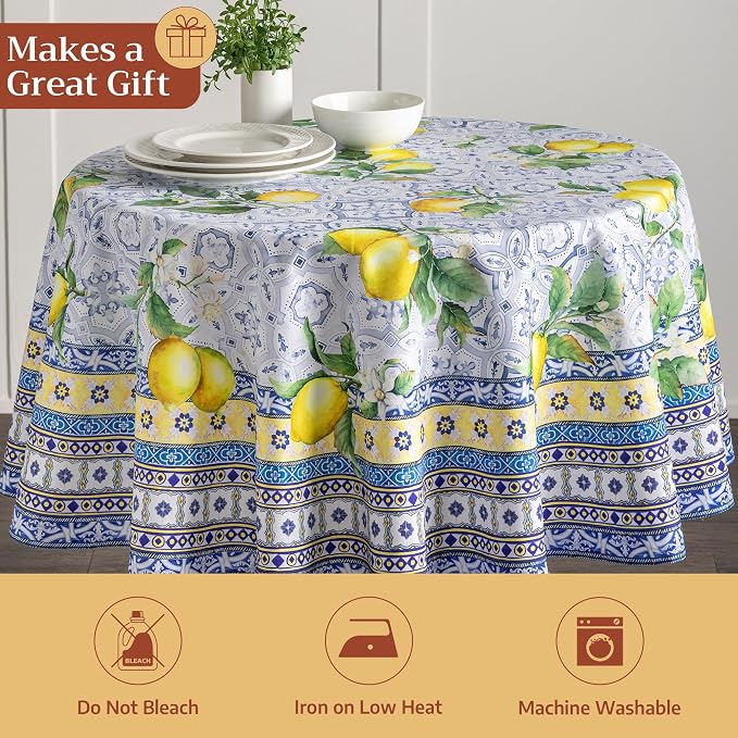 Maison d' Hermine Table Cloth Round Table 100% Cotton 63 Round Inches Tablecloth Reusable Decorative for Dining Kitchen Room Farmhouse Party Home Hotel Restaurant Spring Summer - Citrus