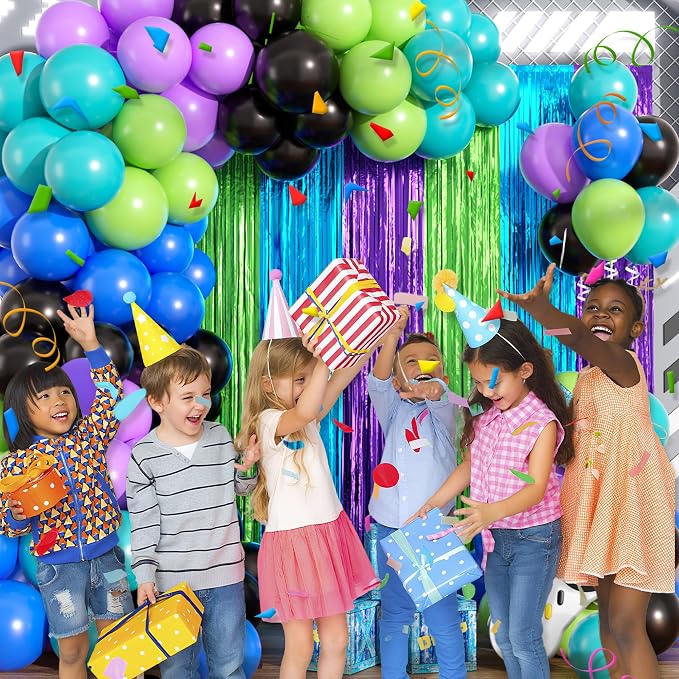 Video Game Balloon Arch Garland Kit Birthday Party Decorations, Purple Blue Green Foil Fringe Curtains Backdrop Tinsel Streamer Photo Booth Props for Gaming Theme Party Decor Supplies Favors