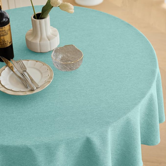 Decorelia Waterproof Round Linen Texture Tablecloth 60 inch, Decorative Farmhouse Tablecloths Anti-Scratch Table Cover for Holiday, Banquet, Dining& Kitchen Table (60 Inch, Round (2-4 Seats), Aqua)