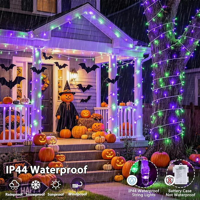 JMEXSUSS 2 Pack Battery Operated Halloween Lights with Remote, Total 66FT 200 LED Purple and Green Halloween Lights Indoor Outdoor, 8 Modes String Lights for Outside Yard Tree Front Porch Room House