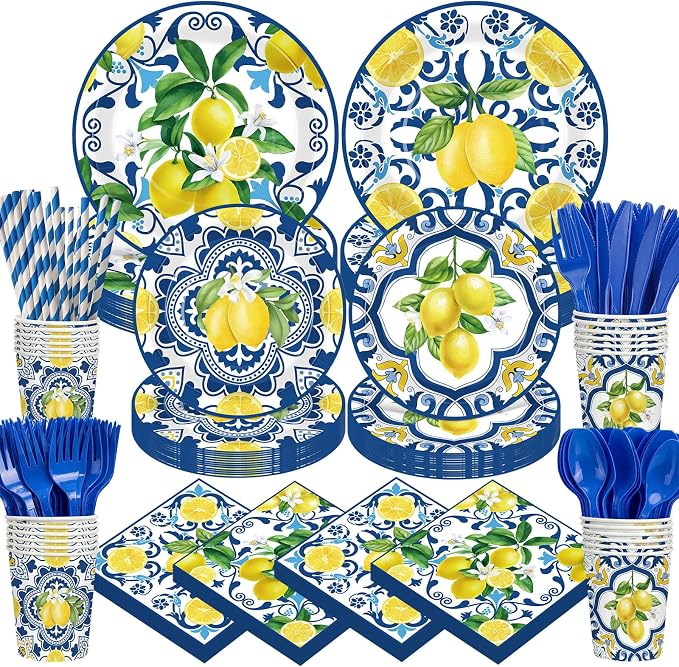 450 Pcs Capri Lemon Party Tableware Set Decorations Mediterranean Blue and Yellow Paper Plates Napkins Cups Cutlery Straws for Summer Birthday Wedding Baby Bridal Shower Supplies, Serves 50
