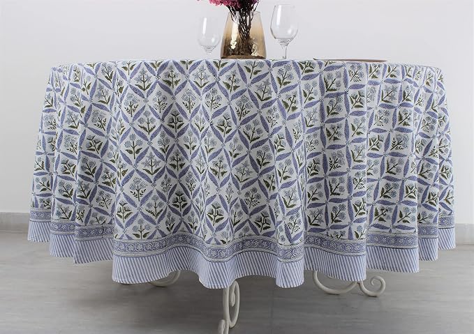 Ridhi Round Tablecloth Hand Block Print 100% Cotton Reusable Light Steel Blue 110 Inch Table Cover Decorative Everyday Use for Dining, Home, Party, Wedding, Farmhouse Gift for Spring, Mother's Day