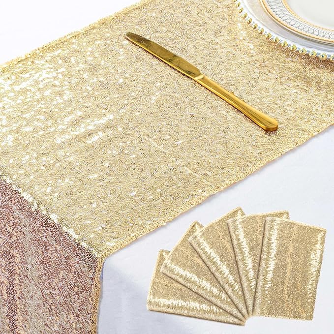 ShinyBeauty Light Gold Table Runners - 5 PCS Sequin Table Runner, 12 x 108 Inch for Wedding, Graduation, Party Supplies, Baby Shower