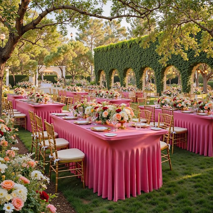 NSSONBEN 2 pk Hot Pink Spandex Tablecloth for 6 Foot Rectangle Tables, Wrinkle Free Fitted Spandex Table Covers 6ft Stretch Table Cloths with Ruffle Skirt for Parties Weddings Banquet Baby Shower