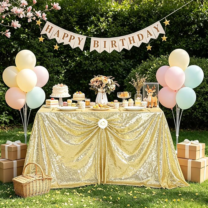 MoKoHouse Tablecloth Rectangle 90x156 Light Gold Sequin Table Cloth Seamless Glitter Fabric for Home Party Wedding Decor Christmas Decorations