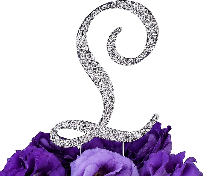 LOVENJOY Gift-Boxed 3.5" Rhinestone Letter L Cake Topper Silver