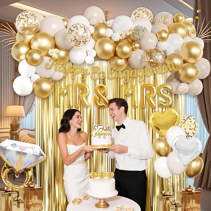 Engagement Party Decorations Set, Gold and White Balloon, MR & MRS Balloons with Foil Backdrop, Cake Toppers and Banners,Sash