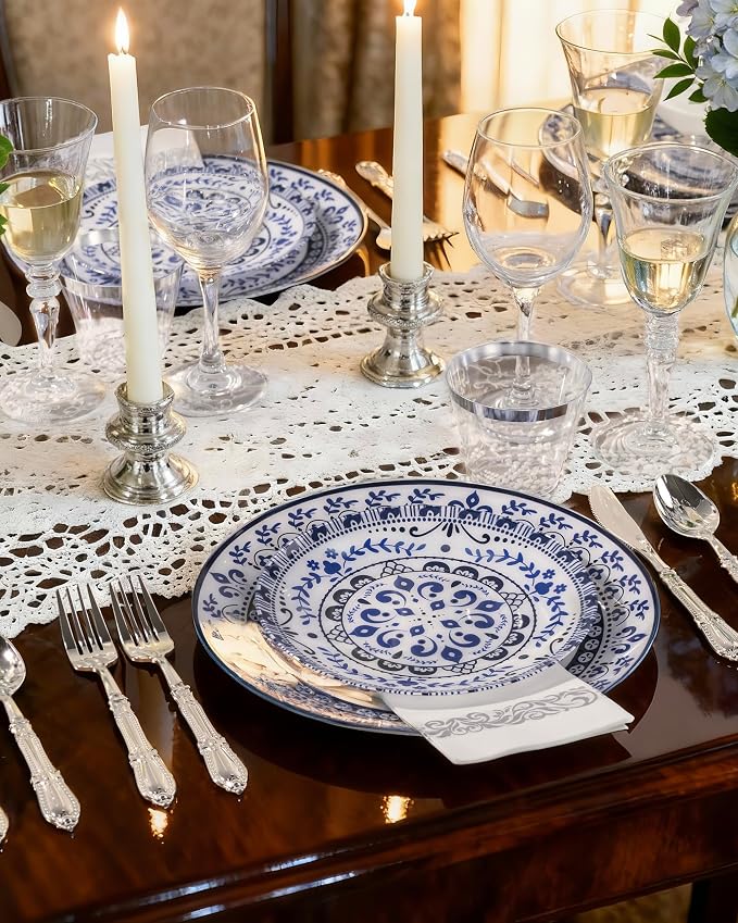Hioasis 60pcs Blue Plastic Plates Set - Floral Blue & White Porcelain Design, 10.25" Dinner & 7.5" Dessert Plates Disposable for Wedding & 4th ofJuly (Dishwasher Safe, Traditional Style)