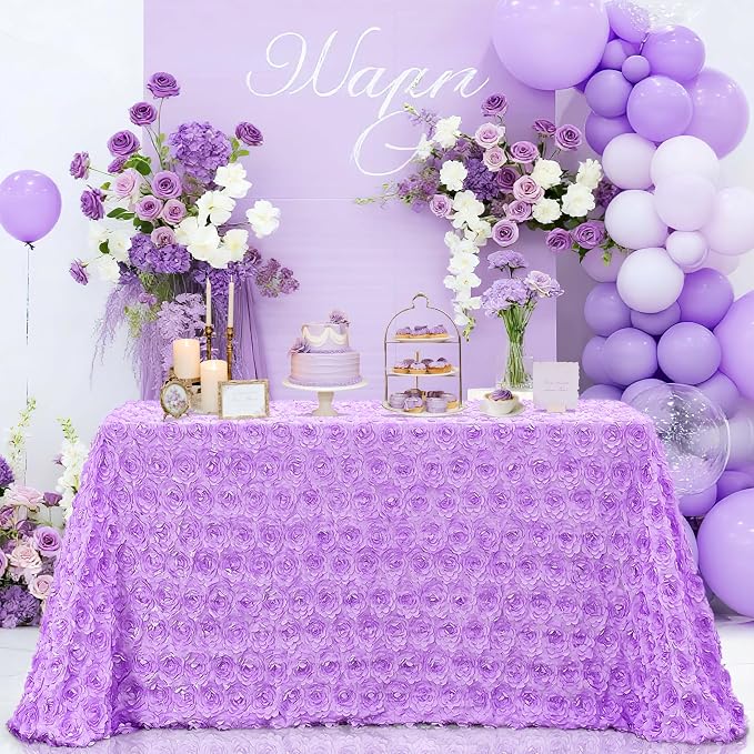 B-COOL 3D Floral Tablecloths 90x132 Inch Wedding Rosette Lavender Tablecloth Rose Table Linen for Sweetheart Baby Shower Bachelorette Prom Table Decoration