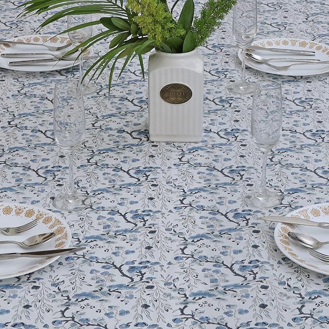 Ridhi Spruce Carolina Blue Hand Block Print Cotton Rectangle Tablecloth 108" x 70" inches Reusable Table Cover Decorative Everyday Use for Dining Room, Farmhouse, Home Gift for Spring, Mother's Day