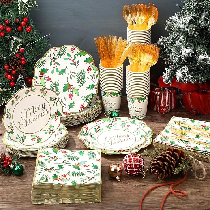 Pickmesh 400 Pcs Christmas Party Supplies Include Seasonal Holly Leaf Disposable Paper Plates Napkins Cups Cutlery Xmas Tableware for Merry Christmas Holiday Party Decorations Serve 50