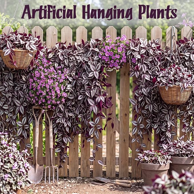 Daifunli 12 Pcs Artificial Hanging Plants Fake Hanging Ferns Plastic Fake Plant for Wall Room Garden Garland Indoor Outdoor Decor No Basket (Purple Eyebrow)
