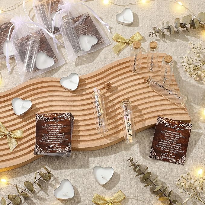 50 Sets Wedding Party Favors for Guests Bulk Including Heart Shaped Candles and Empty Matches Jars with Cork Top Thank You Cards and Organza Bags for Wedding Bridal Shower Party (String Lights)