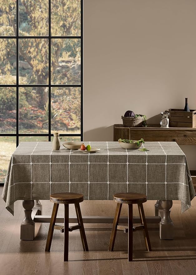 ZeeMart Grid Embroidered Hemmed Tablecloths, Cocoa Brown 60x60 Inch, Farmhouse Style Heavy Weight Cotton Linen Brown Tablecloths, Boho Plaid Water Resistant Square Table Cloth