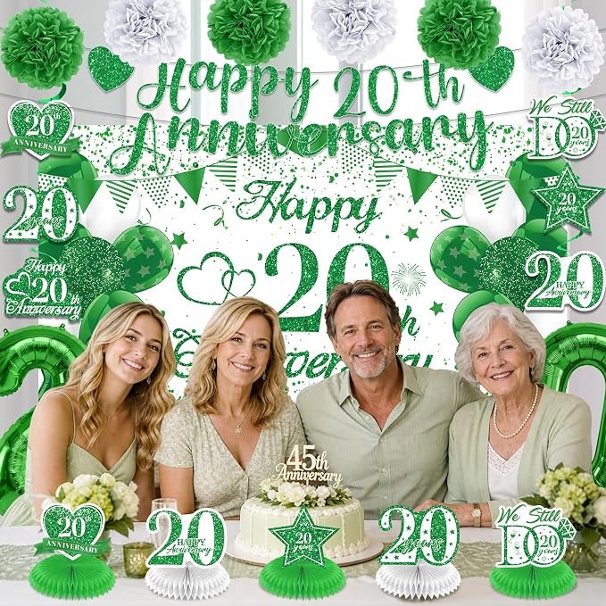 Green 20th Wedding Anniversary Decorations Kit Happy 20th Anniversary Banner Backdrop Table Honeycomb Centerpiece Hanging Swirls Poms Decor for Men Women 20 Years Wedding Anniversaries Party Supplies