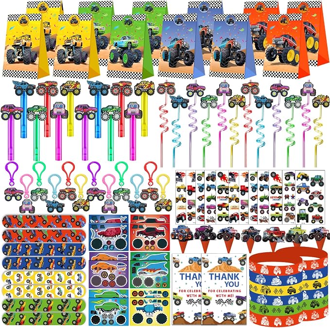 PLOUGVI 232 PCS Party Favors for Truck Birthday Decorations Supplies Truck Party Stuff for Party Goodie Bag Stuffer Pinata Filler Gifts