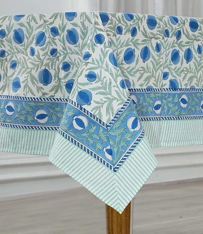 Ridhi Queen Blue Hand Block Print Cotton Rectangle Tablecloth 140" x 72" inches Reusable Table Cover Decorative Everyday Use for Dining Room, Farmhouse, Home Gift for Spring, Mother's Day