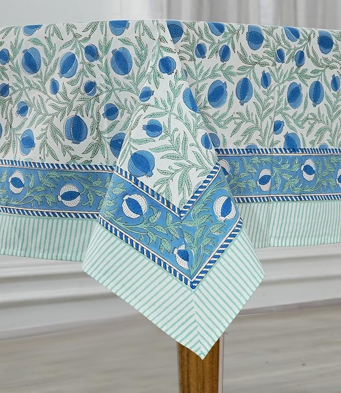 Ridhi Queen Blue Hand Block Print Cotton Rectangle Tablecloth 120" x 80" inches Reusable Table Cover Decorative Everyday Use for Dining Room, Farmhouse, Home Gift for Spring, Mother's Day