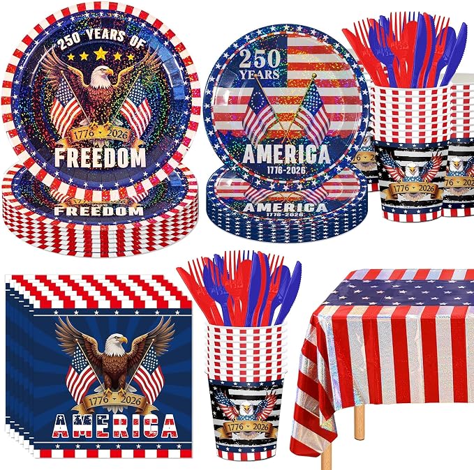 Iridescent USA 250 Years Anniversary Party Tableware Decorations Kit, Holographic Laser Plates(9”+7”), Sparkling Patriotic Tablecloth 9ft, Cups Napkins for 4th of July, Kids Birthday, Patriotic Party