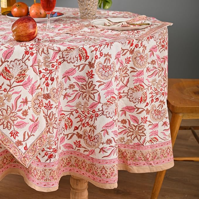 Hand Block Printed Tablecloth, Colorful Floral Print, Indian Artisan Handmade Art, Dining Room, Kitchen, Outdoor Décor, (Pink Meadow Bloom, 12 Seater 72 x 135 Inches Rectangle)