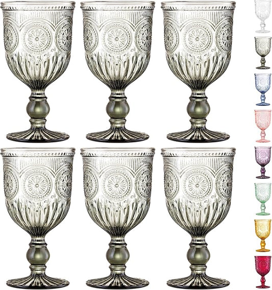 Yungala Smokey Black Wine Glasses Set of 6 Vintage Hobnail Goblets 10 oz Dishwasher Safe