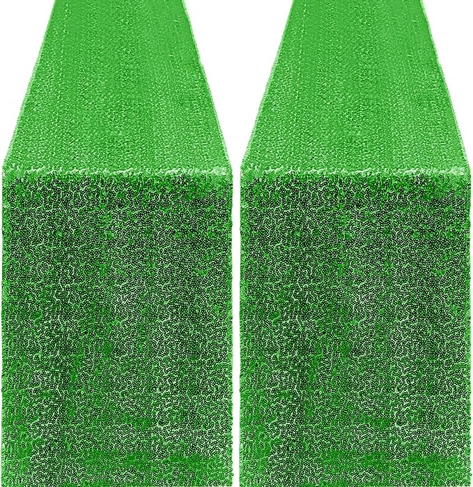 2 Packs 12 x 72 inches Sequin Table Runner, Grass Green Glitter Table Runner for Birthday Party Supplies Wedding Engagement Baby Shower Holiday Celebration Event Decorations