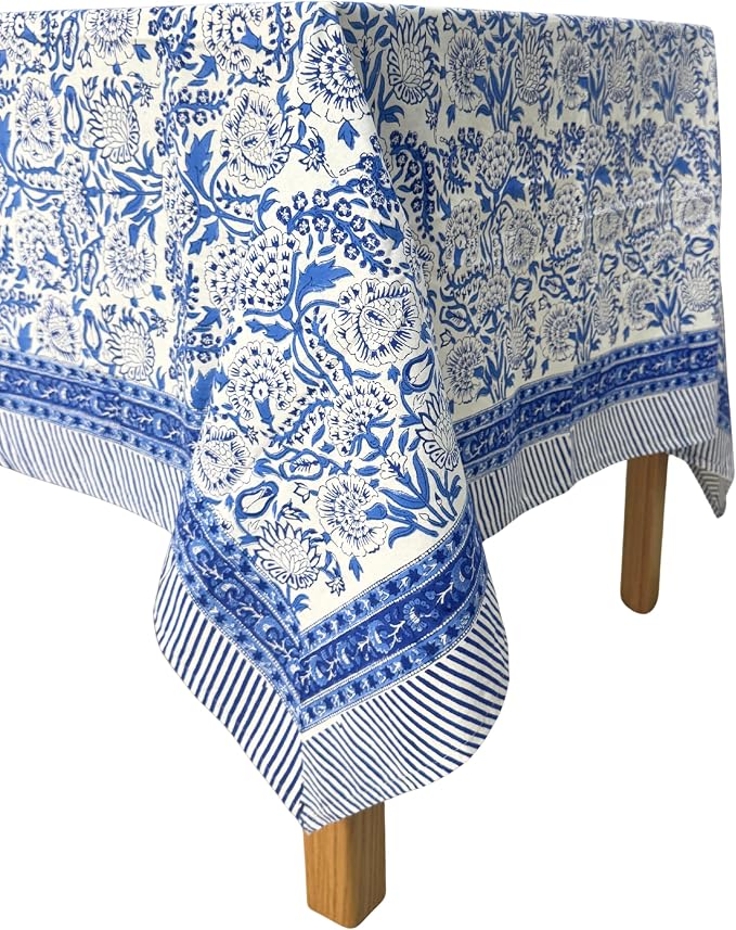 ATOSII Indigo Bloom 100% Cotton Rectangle Summer Tablecloth, Handblock Floral Print Linen Table Cloth for Kitchen Dining I Parties, Weddings, Outdoors, 60 X 108 Inches I 8 Seater