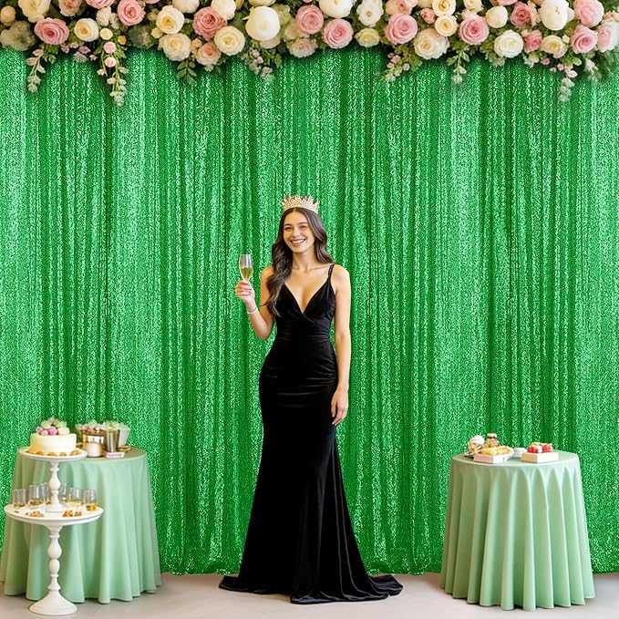 Sugargirl Grass Green Sequin Backdrop Curtain 4 Panels 2FTx8FT Glitter Grass Green Background Drapes Sparkle Photography Backdrop for Party Wedding Birthday Wall Decoration
