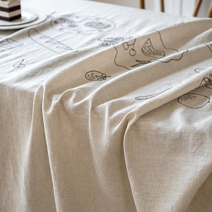 Linen World Embroidered Linen Tablecloth Large 70x118inch,100% French Linen Pre-Washed Table Cloth,Natural Flax Table Cover for Elegant Dining,Banquet Embroidery