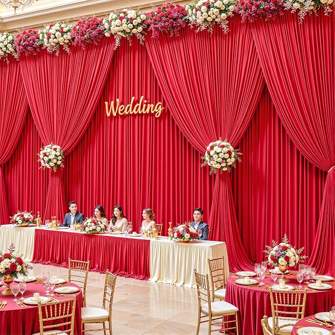 2 Panels Red Backdrop Curtains - Wrinkle Free Fabric Backdrop Curtain for Photoshoot, 10FT Wedding Party Photo Backdrop Drapes for Birthday Baby Shower Photography Stage Background Decorations