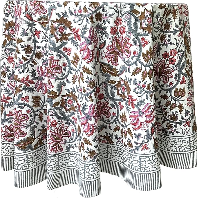 ATOSII Eden Multicolor 100% Cotton Round Tablecloth, Handblock Print Floral Table Cloth for Kitchen Dining Linen I Parties, Weddings, Outdoors, Holidays I Fall Home Decor 90" Inches Round