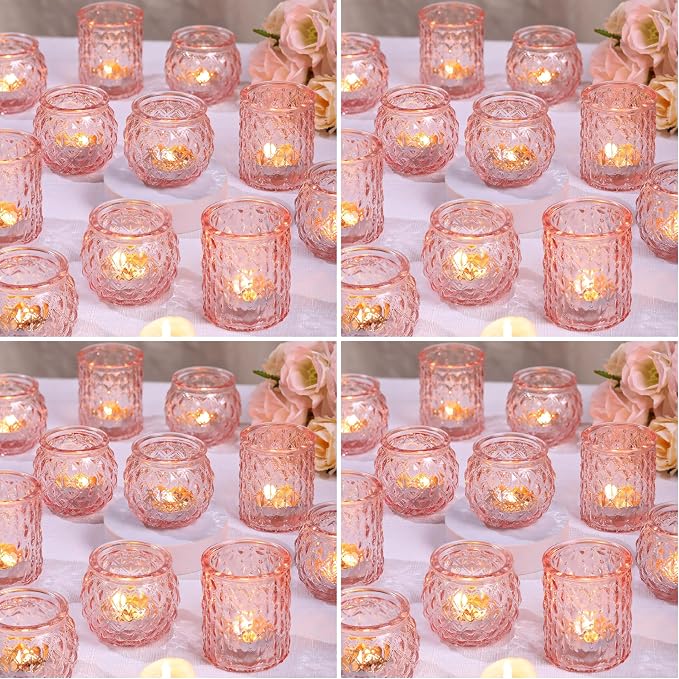 DARJEN Pink Votive Candle Holders Set of 24- Round Glass Candle Holders Bulk for Flameless LED Tea Waxes, Romantic Candle Holder for Wedding & Various Parties, Home Table Decor (Pack of 4)
