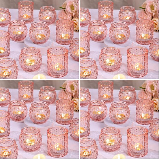 DARJEN Pink Votive Candle Holders Set of 24- Round Glass Candle Holders Bulk for Flameless LED Tea Waxes, Romantic Candle Holder for Wedding & Various Parties, Home Table Decor (Pack of 4)