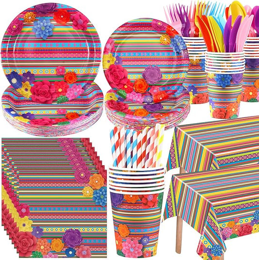Funnymoom 452 Pcs Cinco De Mayo Party Decoration for 50 Guest, Mexican Paper Plates Napkins Cups Tablecloth Cutlery Straws Fiesta Disposable Tableware Set for Mexico Wedding Birthday Party Supplies
