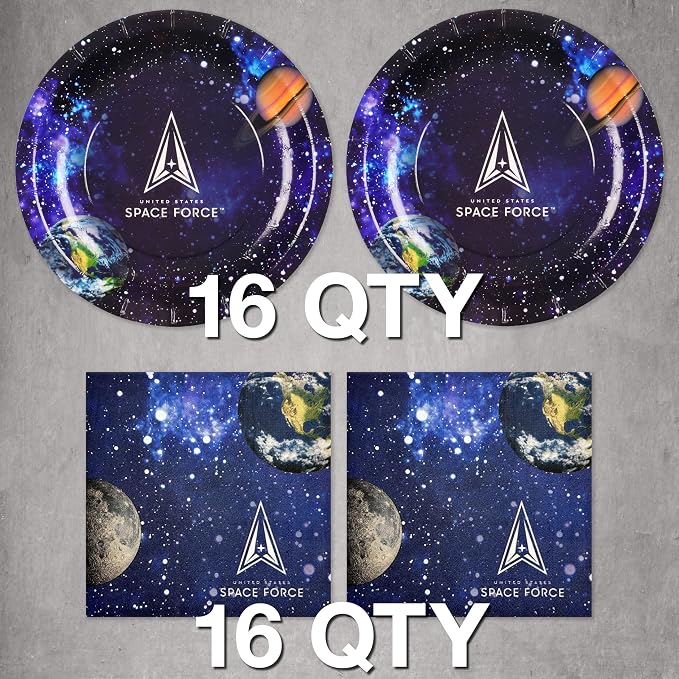 U.S. Space Force Party Plates & Napkins Set (Party for 16 guests) 16 Lg. Plates and 16 Luncheon Napkins. Space Force Tableware for Birthdays, Holidays and Military Celebrations. by Havercamp