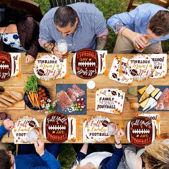 96 Pcs Football Fall Party Supplies Football and Fall Y'all Tableware Plates Napkins Rustic Football Autumn Dinnerware Table Decorations Maple Leaves Thanksgiving Holiday Party Favor for 24 Guests