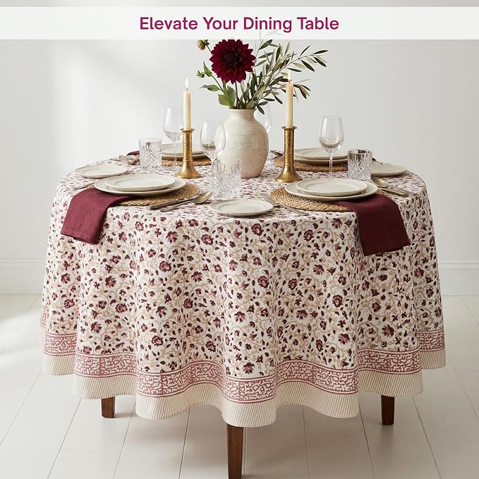 ATOSII Sophia 100% Cotton Round Boho Fall Tablecloth, Handblock Floral Table Cloth Linen for Kitchen Dining I Parties Weddings Outdoors Picnics Easter Mothers Day I 60" Inches Round I 4 Seater