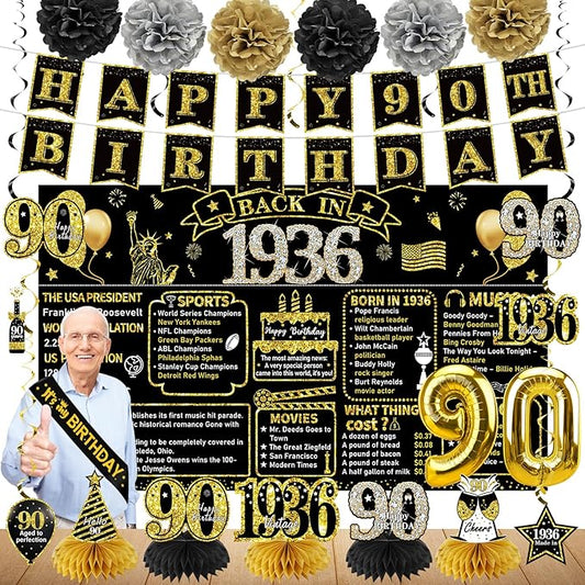 Zirtorei 90th Birthday Decorations for Men Women, 21pcs the Year 1936 Banner Balloon Party Supplies, Black Gold 90 Year Old Birthday Backdrop, 90 Bday Honeycomb Centerpiece Hanging Swirls Sash Gifts