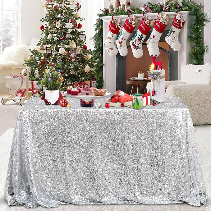 MoKoHouse Silver Sequin Tablecloth Rectangle 50" x 80" Glitter Table Cloth Sparkly Fabric for Halloween Birthday Parties Cake Dessert Table Decorations