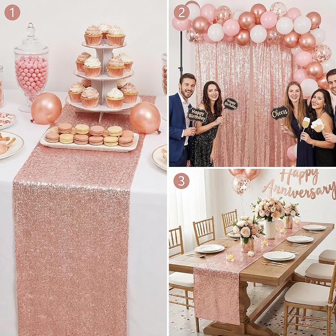 6 Pack Rose Gold Sequin Table Runner 12 x 108 Inch, High Density Sparkly Glitter Table Runners for Wedding Reception, Birthday Party, Baby Shower, Shimmering Pink Decor