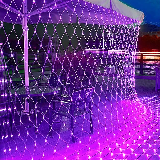 WATERGLIDE Outdoor Halloween Net Lights, 12FT x 5FT 360 LED Christmas Fairy Mesh Lights with 8 Lighting Modes, Connectable for Garden Xmas Tree, Bushes, Holiday Wedding Party Decorations, Purple