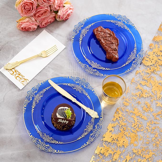 Fijinhom 350pcs Blue Plastic Plates, Elegant Disposable Dinnerware Set, 125 Pieces, White and Gold, Plates, Cups, Cutlery and Napkins (Blue, 50 Guests)