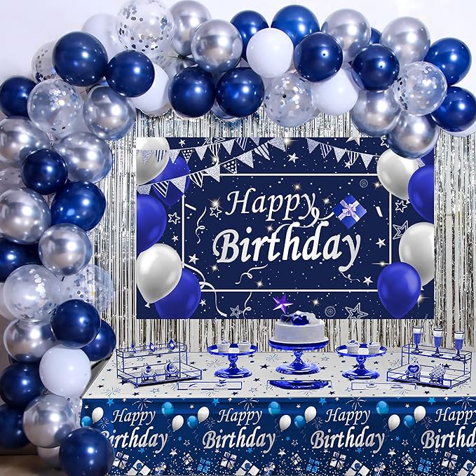 Blue and Silver Birthday Decorations for Men Women, Blue Party Decorations for Men Boys Girls Happy Birthday Backdrop Tablecloth Balloons Arch Kit White Silver Confetti Balloons Foil Fringe Curtains