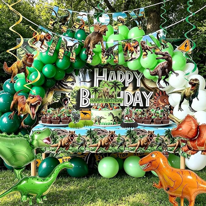 Dinosaur Birthday Party Decorations, 86 PCS Dino Party Supplies | Banner, Backdrop, Tablecloth, Cake Toppers, Balloons, Honeycombs, Hanging Swirls, Stickers for Party Decor