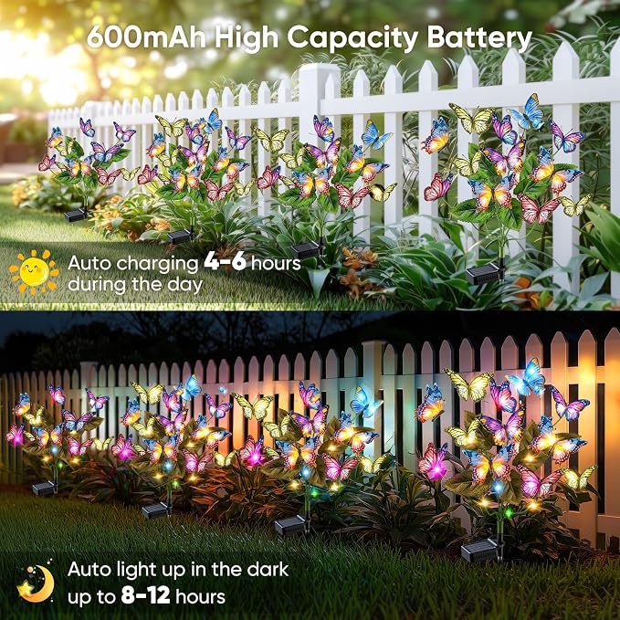 Solar Lights Outdoor Garden Decor: 6 Pack 102 Silk Butterflies with 132 Color-Changing LEDs - Auto On/Off 12H Magical Lighting IP65 Waterproof for Yard Patio Pathway - Unique Gifts for Mom Grandma