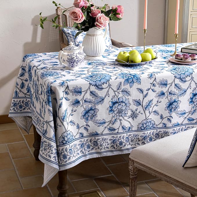 ISAENNE Designer French Linen Rectangular Tablecloth,110"x63"-BlueWilow | Chinoiserie Vintage Elegant Table Cloth Rectangle Table,Blue Floral Pattern,Beautiful,Dining Room,Kitchen,Thanksgiving