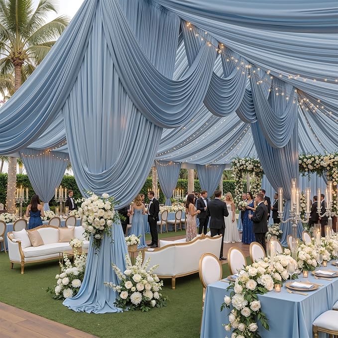 20ftx40ft Dusty Blue Ceiling Curtain for Wedding Parties – 4 Panels Wrinkle-Free 40 FT Long Tent Draping Curtains for Wedding, Birthday & Theme Parties, 40ft Height with Rod Pocket