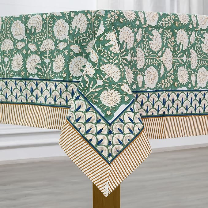 Ridhi Turquoise Moss Green Hand Block Print Cotton Rectangle Tablecloth 118" x 70" inches Reusable Table Cover Decorative Everyday Use for Dining Room, Farmhouse, Home Gift for Spring, Mother's Day